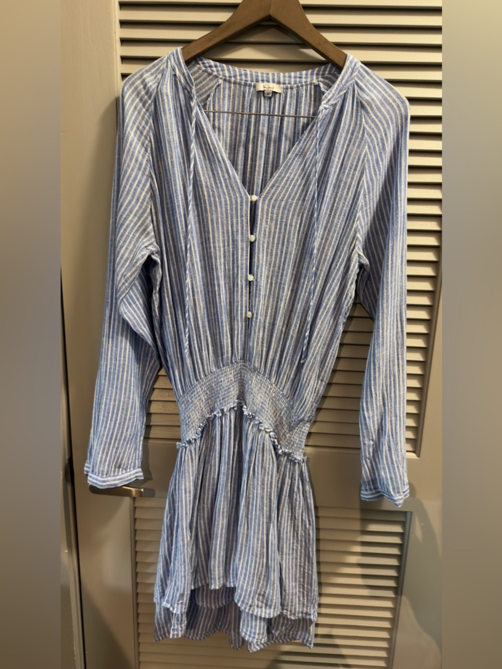 Rails Jasmine Linen Smocked Mini Dress Parisian Blue Stripe Size M Boho Tiered - Picture 2 of 6